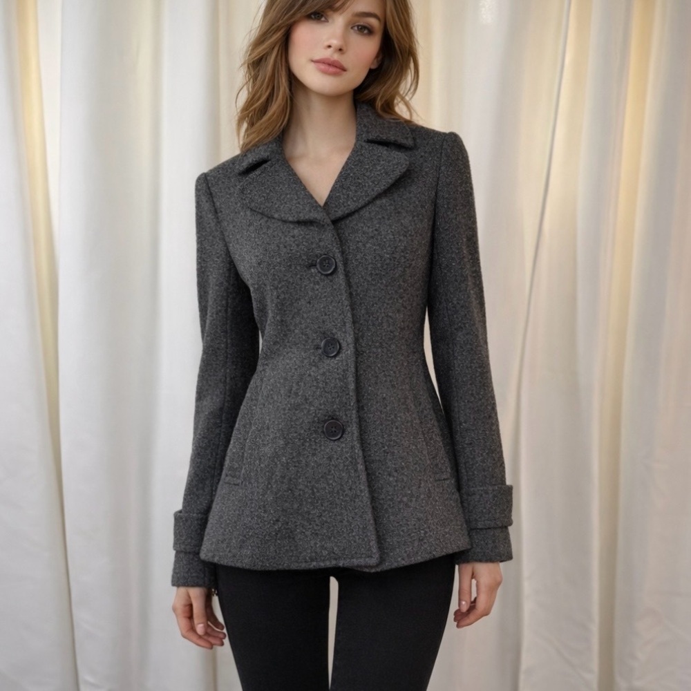 Theory ‘Hilliard Conina’ Gray & Heather Pink Wool-Blend Pea Coat Size P = Size 0